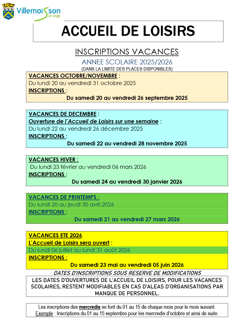 CALENDRIER DATES INSCRIPTIONS VACANCES 2025 2026